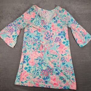 Lilly‎ Pulitzer Floral Tunic Top Bell Sleeve Tie Neck Medium
